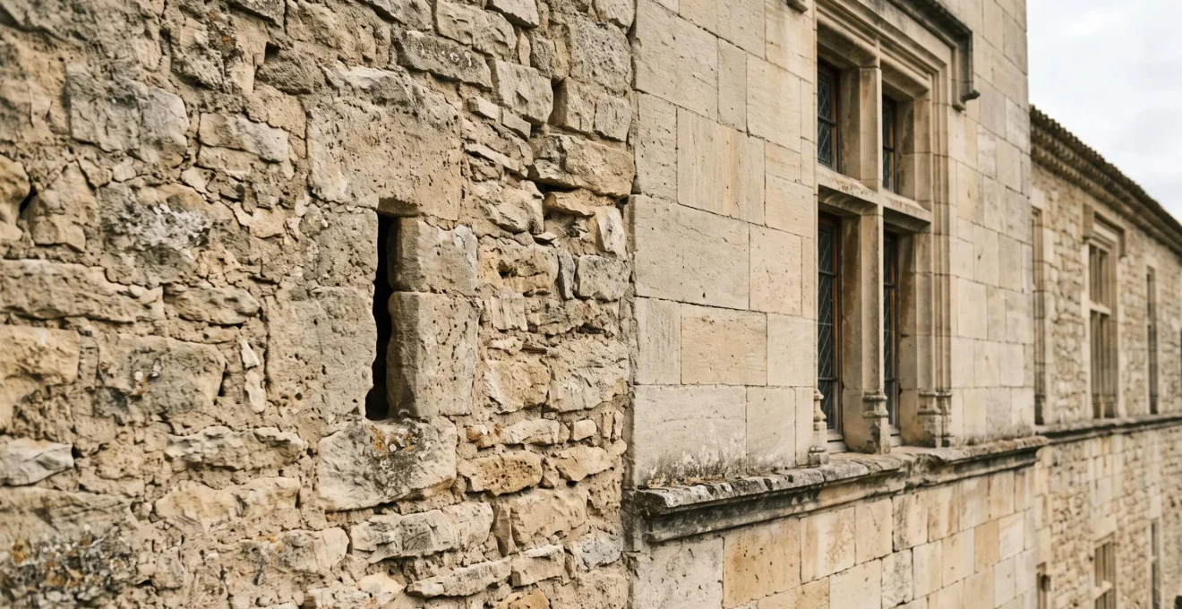 Gros plan sur les pierres de la façade du château de Gordes, mêlant maçonnerie médiévale et fenêtres à meneaux d'une aile plus récente.