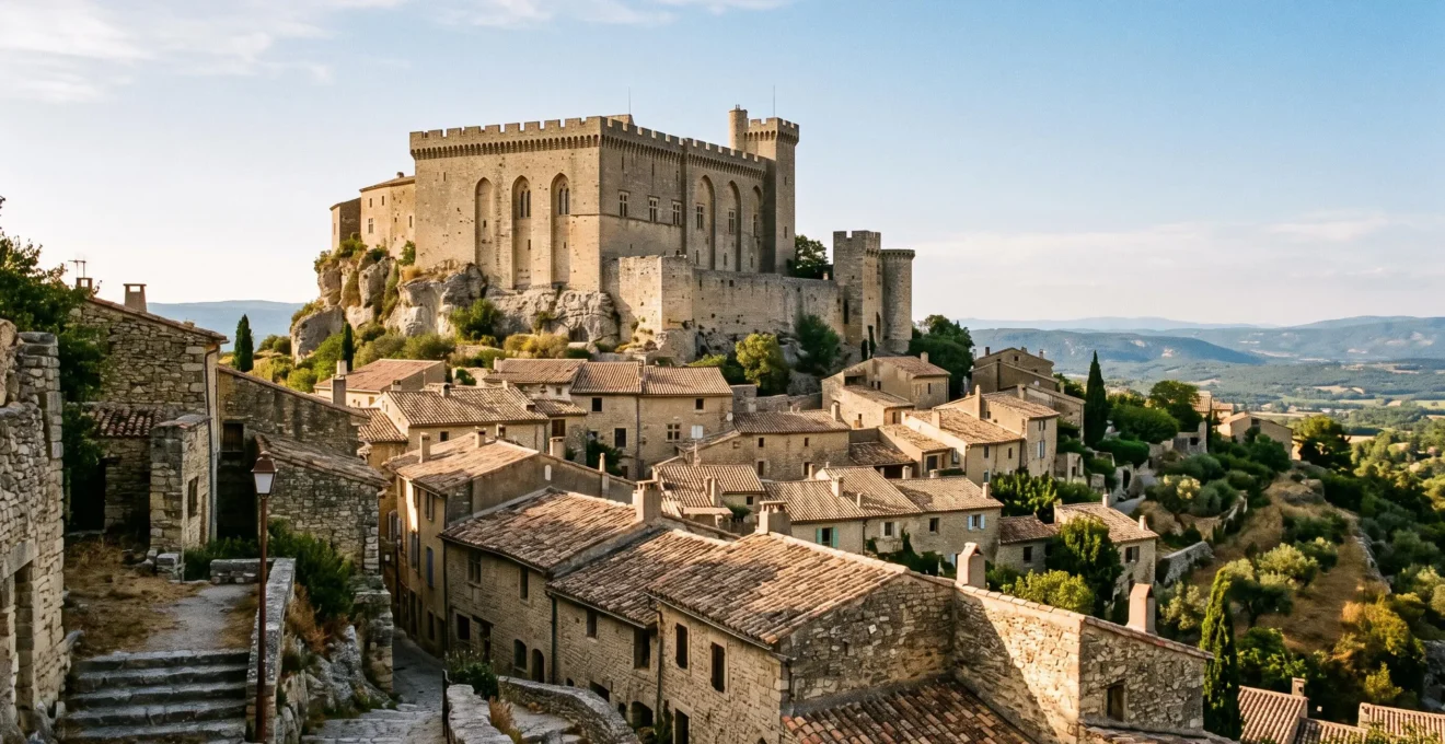 Le château de Gordes domine les toits du village accroché à la colline dans le Luberon, en Provence.