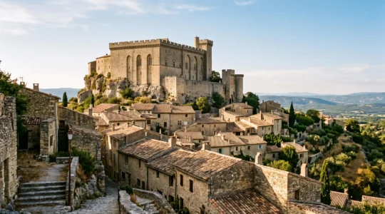 Le château de Gordes domine les toits du village accroché à la colline dans le Luberon, en Provence.