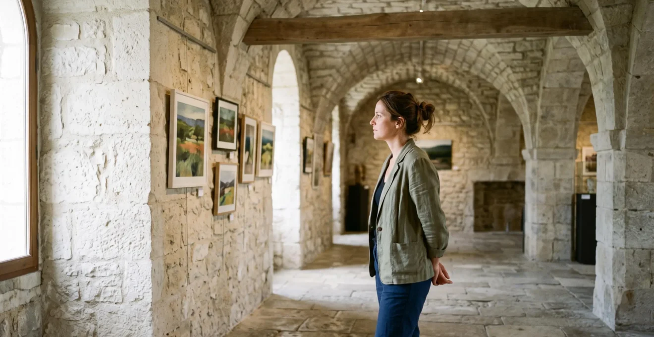 Une visiteuse observe des œuvres exposées dans une salle voûtée du château de Gordes.